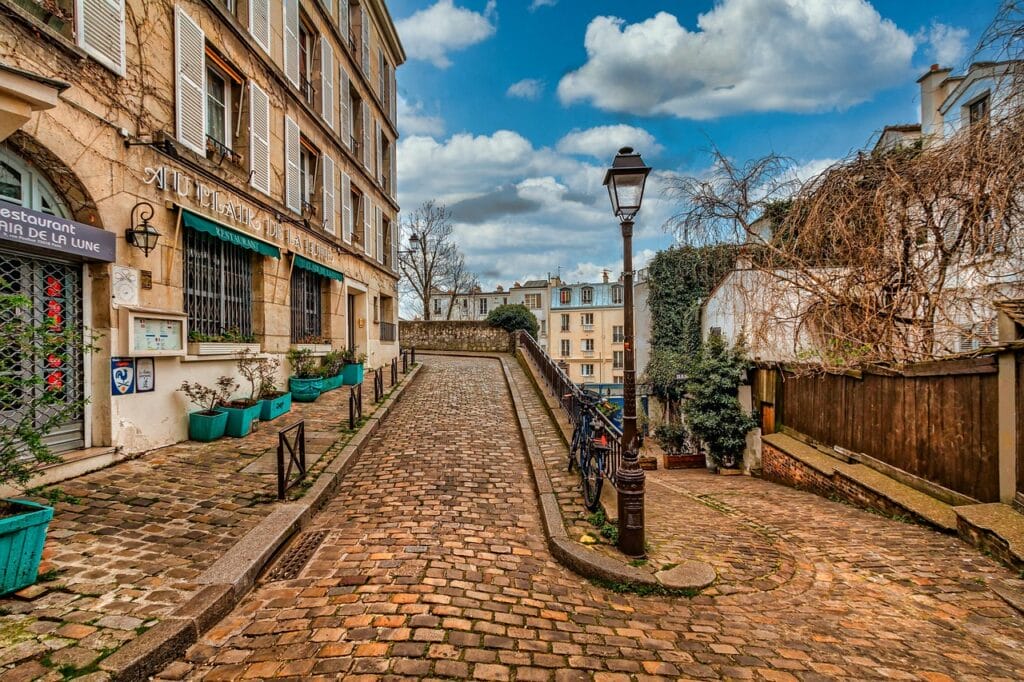 Cobblestone street in Montmartre Paris