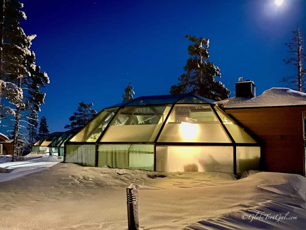 Glass igloo at Levin Iglut, one of the best glass igloo hotels in Lapland.
