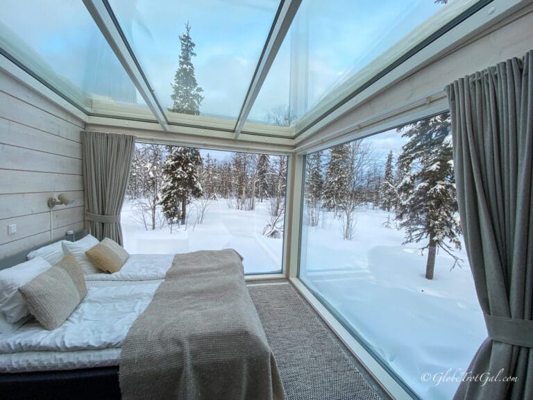 Interior of glass roofed cabin at Northern Lights Ranch a hotel near Levi Finland