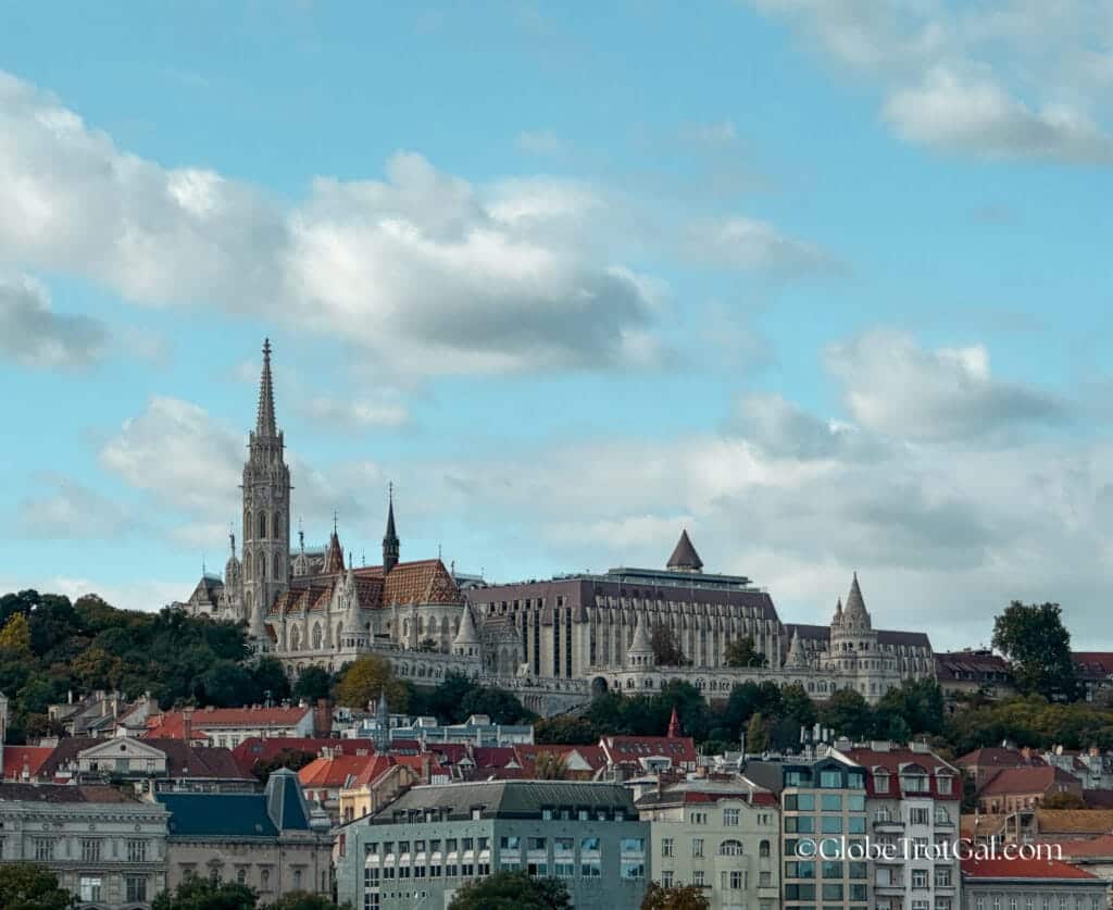 Matthias Church and Fisherman's Bastion seen from the Chain Bridge over the Danube River in Budapest Hungary