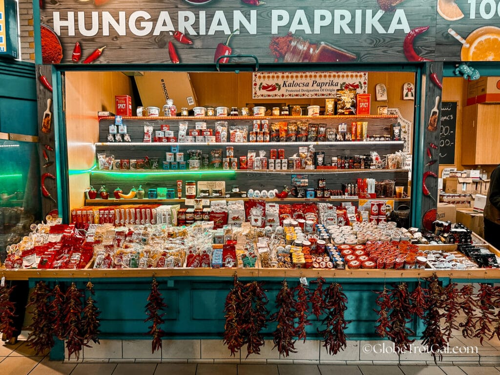 Stall selling Hungarian paprika at Central Market Hall in Budapest Hungary