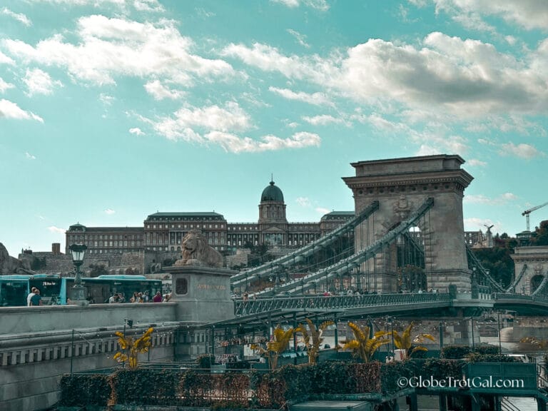 Side view of the Szechenyi Chain Bridget crossing the Danube River in Budapest Hungary