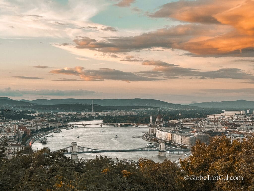 View of bridges on the Danube and the Hungarian Parliament building from Gellert Hill in Budapest Hungary
