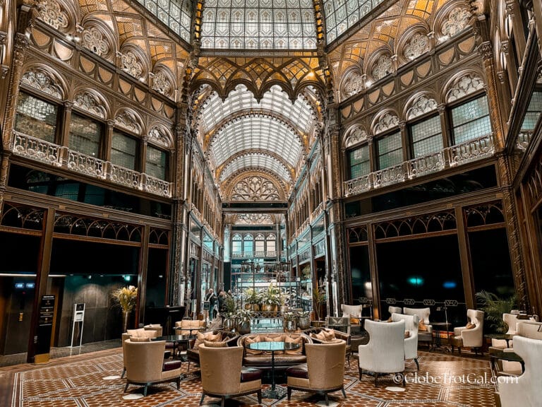 Parisi Passage cafe, a restaurant in an elaborately decorated covered historic shopping arcade that is also the lobby to the Parisi Udvar Hyatt hotel in Budapest Hungary