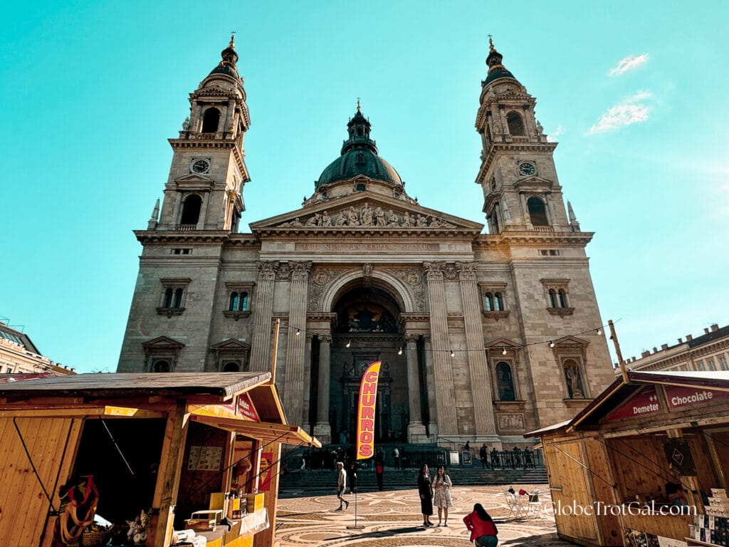 St Stephens Basilica facade with food stalls in front of it in Budapest Hungary