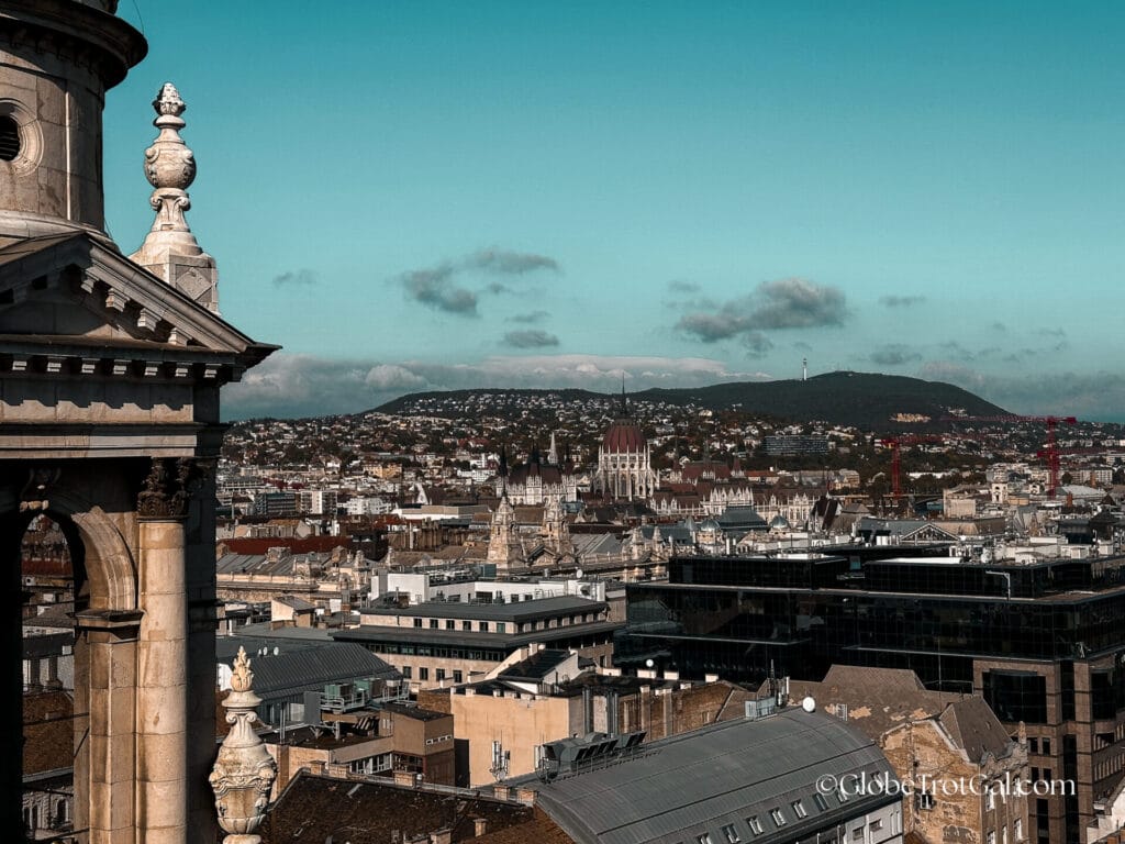 View of Budapest rooftops from the observation deck on top of St Stephen's Cathedral in Budapest Hungary