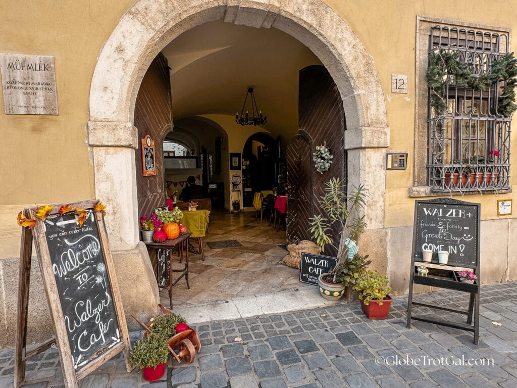 Entrance of Walzer Cafe in the Buda Castle district in Budapest Hungary