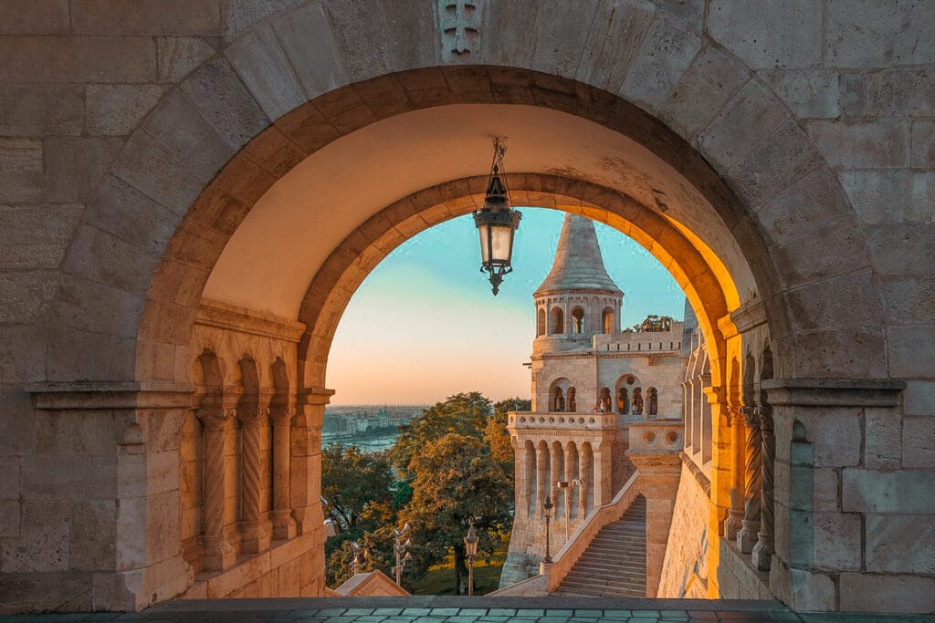 Fisherman's Bastion at sunrise in Budapest Hungary