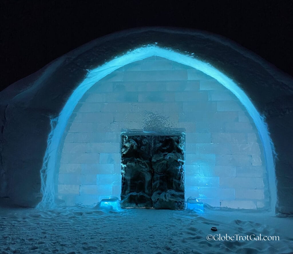 Entrance of the Icehotel in Jukkasjärvi, Sweden lit up at night