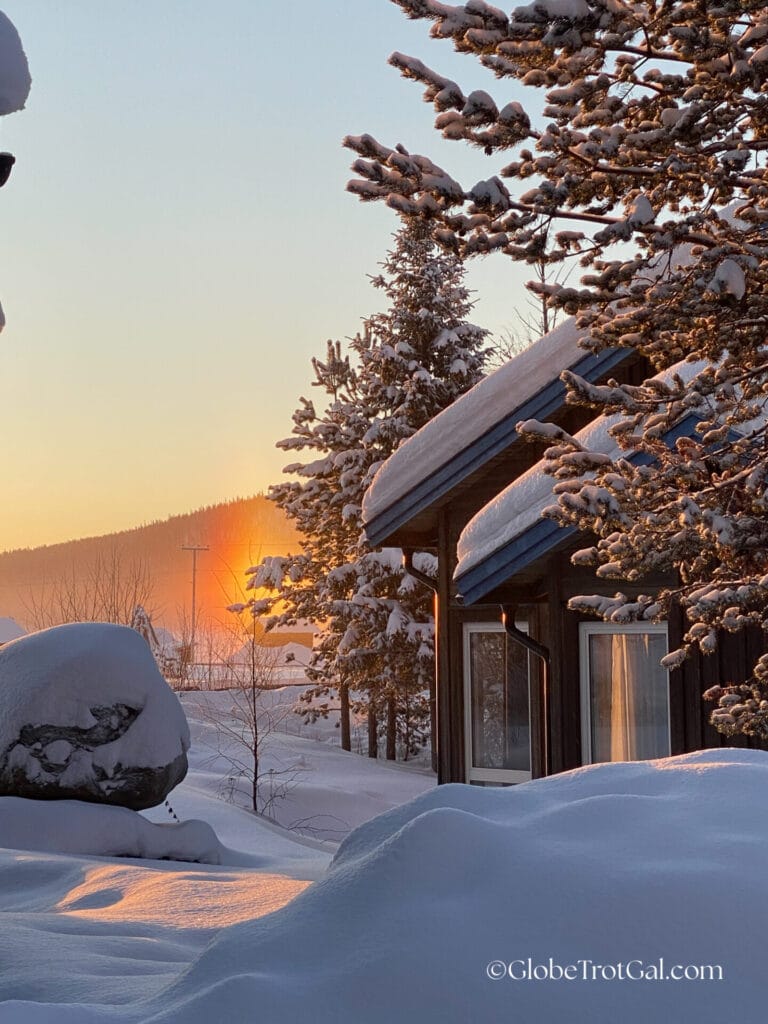 Angled cabin roof covered in snow surrounded by snow covered pine trees and early morning sun reflecting off the snow