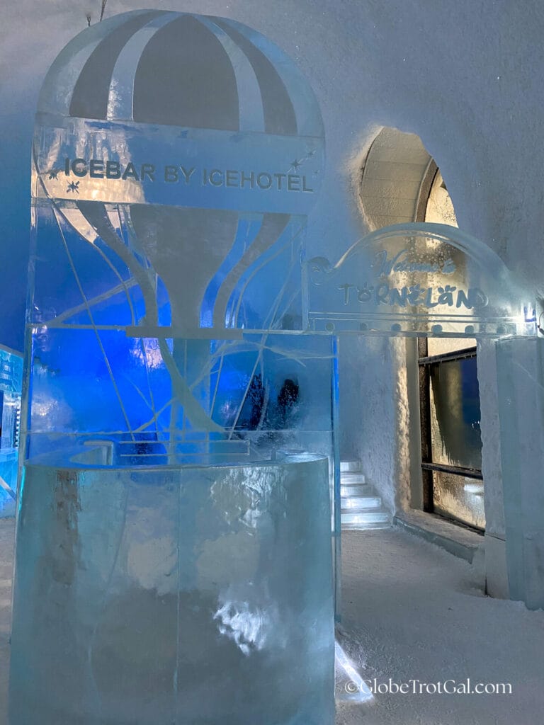 The ice bar made completely of carved ice and snow at the Icehotel in Jukkasjärvi, Sweden