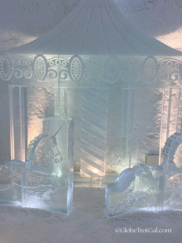 Merry go round carved out of ice at the Icehotel in Jukkasjärvi, Sweden
