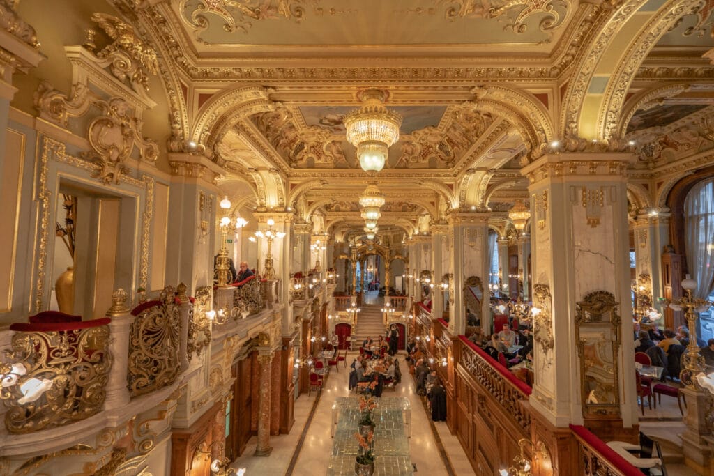 Luxury golden hall inside New York Cafe in Budapest Hungary