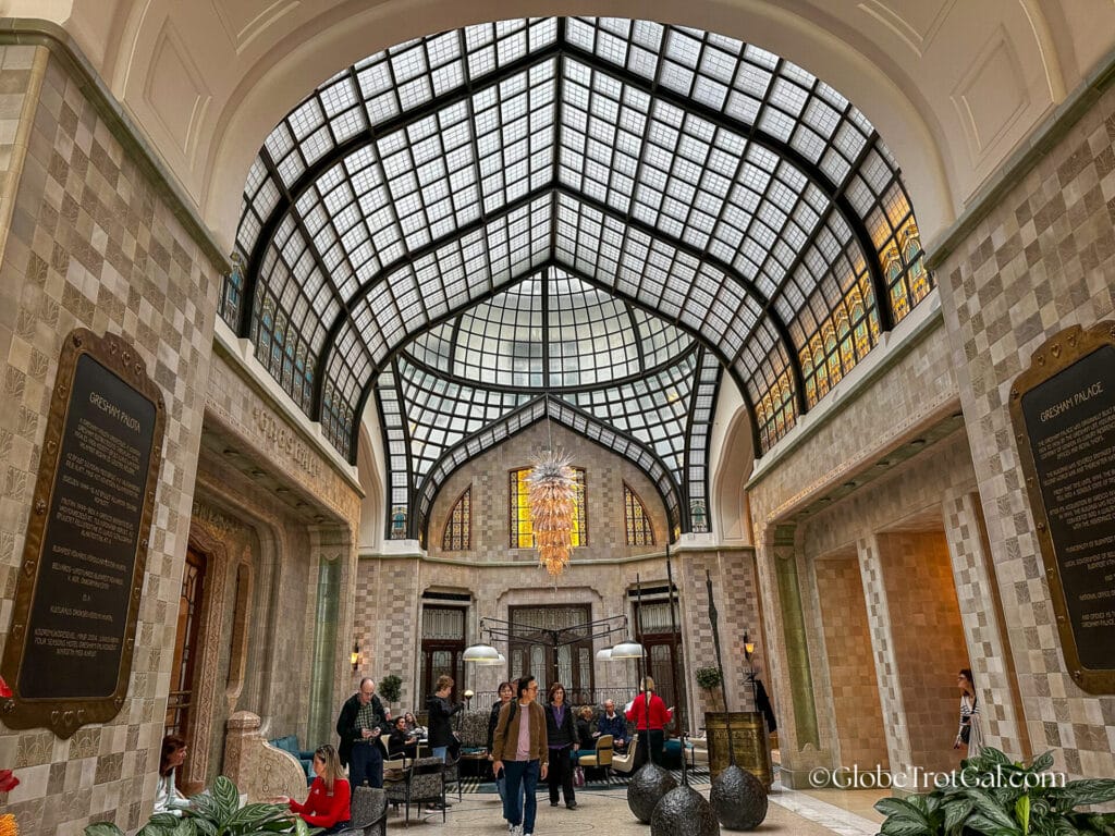 Glass domed lobby of the Four Seasons hotel in Budapest Hungary