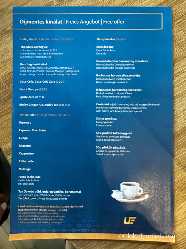 Menu of free drinks and snacks available in the Budapest Keleti Station First Class Lounge