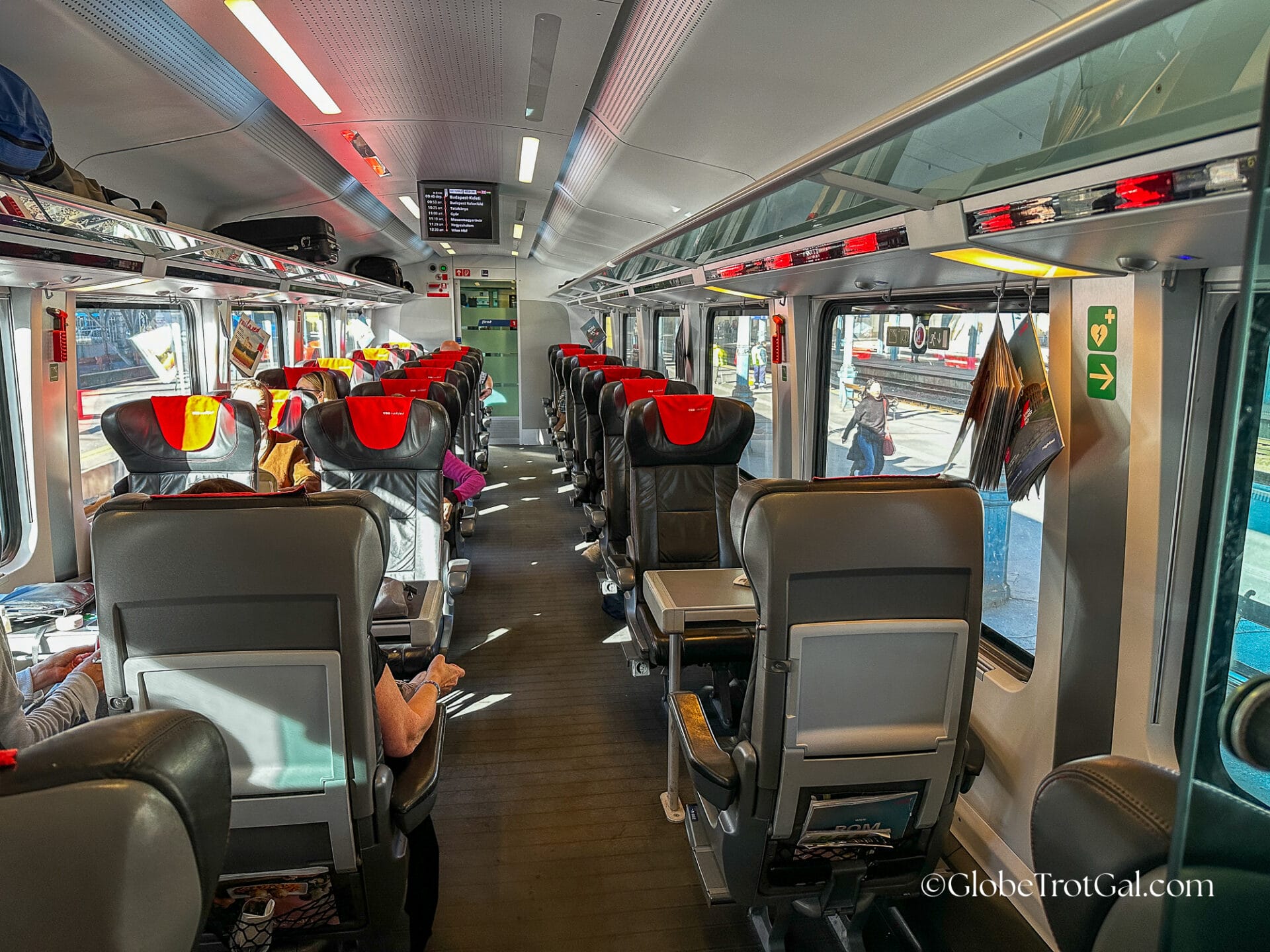 View down the aisle of the first class car in an OBB Railjet train