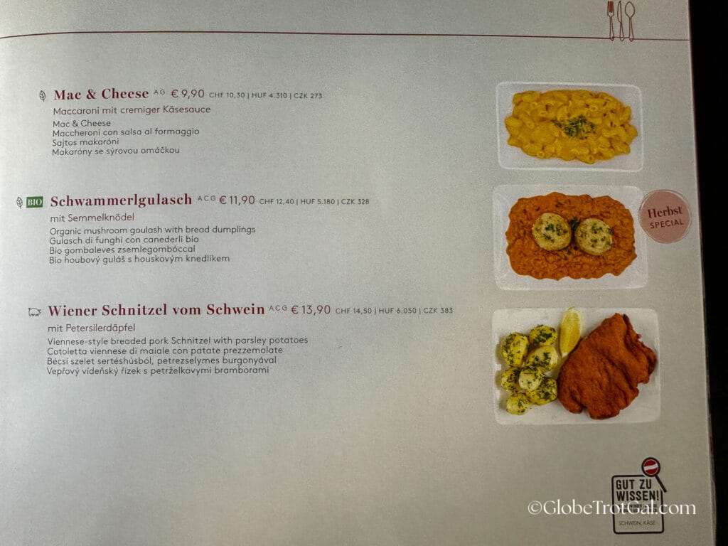 One page of the menu book on board an OBB Railjet train