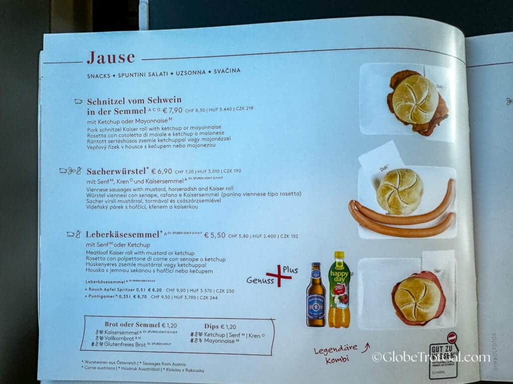 One page of the menu book on board an OBB Railjet train