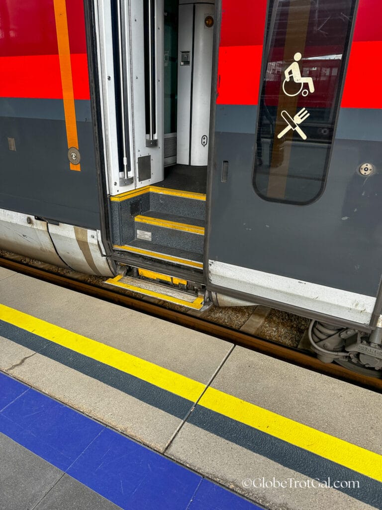 Steep steps to board an OBB Railjet train car