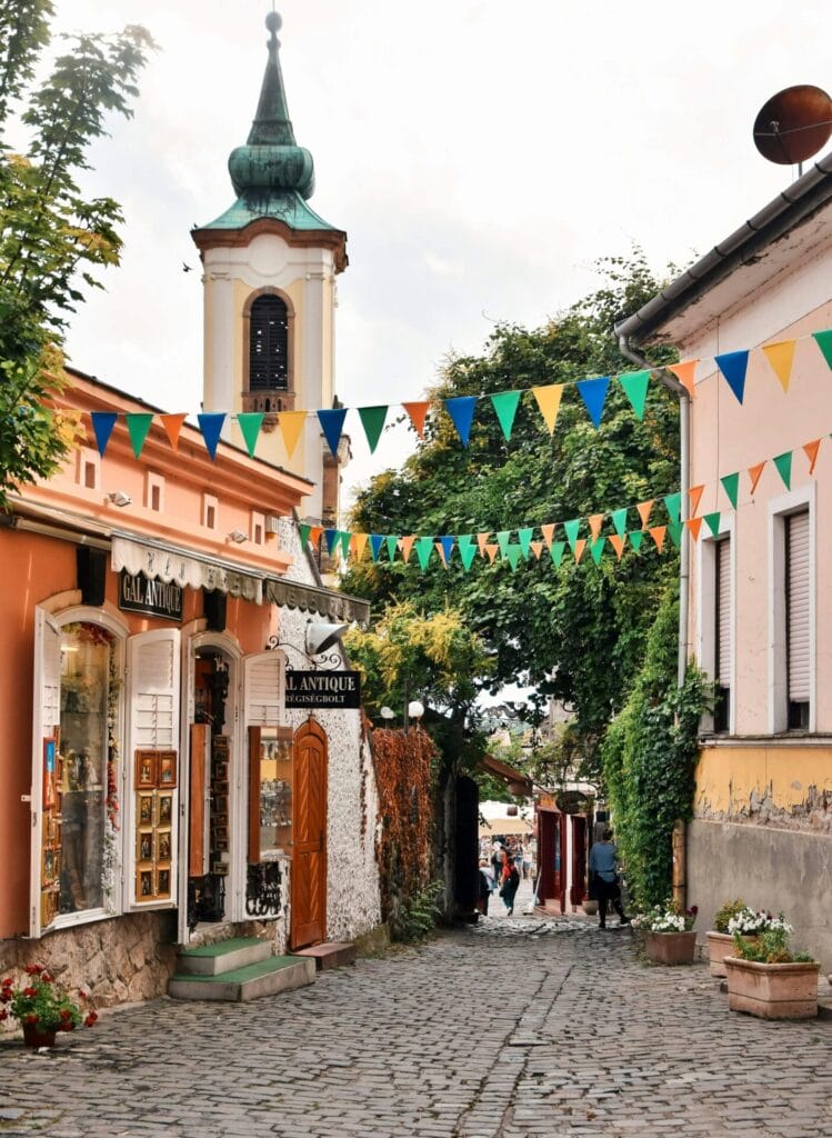 Cobblestone street with colorful buildings in Szetendre Hungary